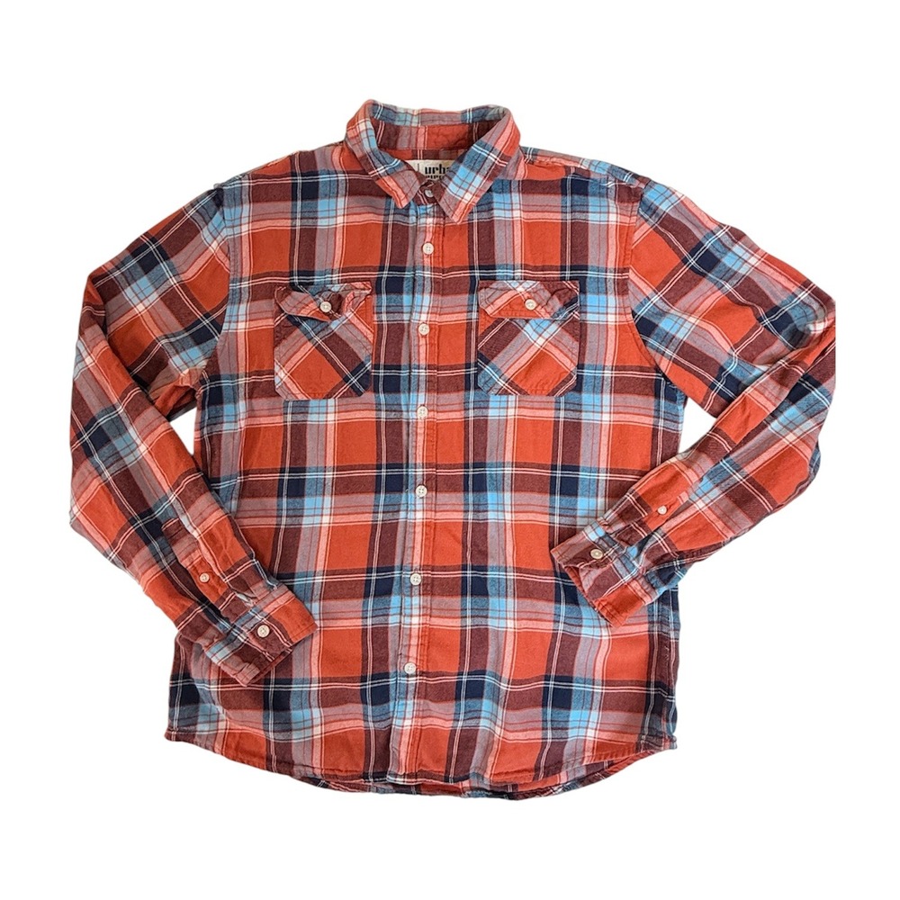 Urban Pipeline Flannel Shirt Mens Large Orange Blue Plaid Long Sleeve Pocket